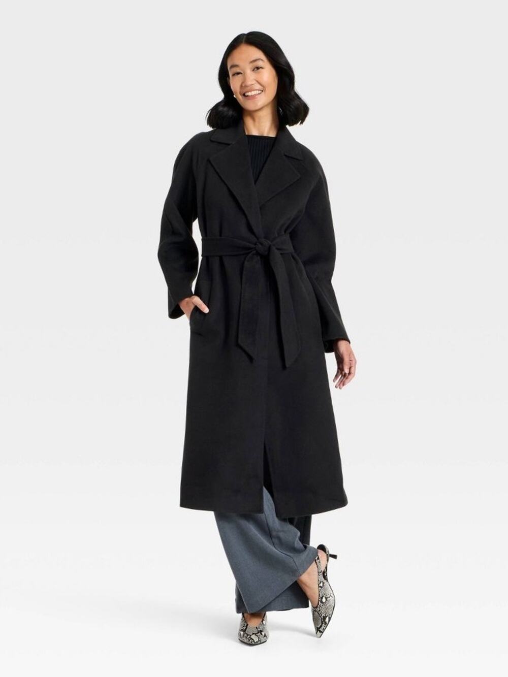 Minimalist Black Longline Open Front Trench Coat with Tie Belt by A New Day